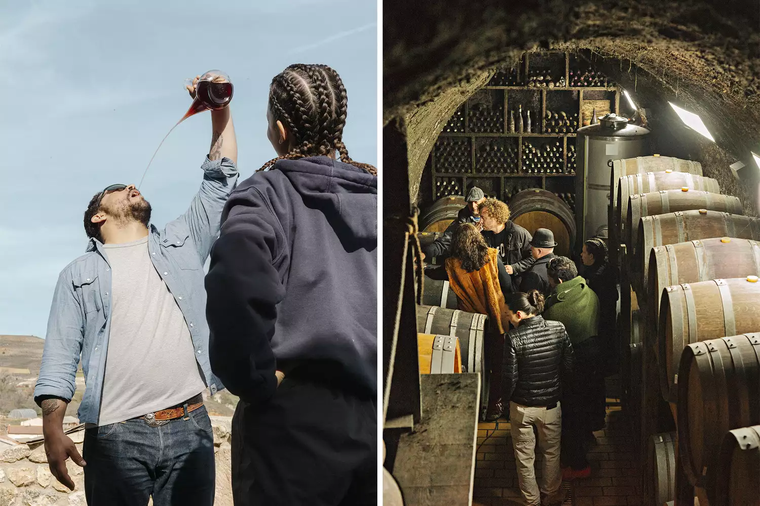 A split image showing a man drinking wine from a traditional porrón and a group touring a dark wine cellar.