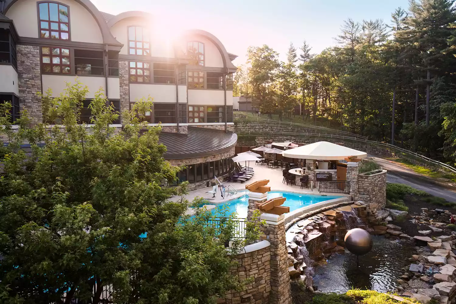 The exterior architecture and pool area of Sundara Inn & Spa in Wisconsin.
