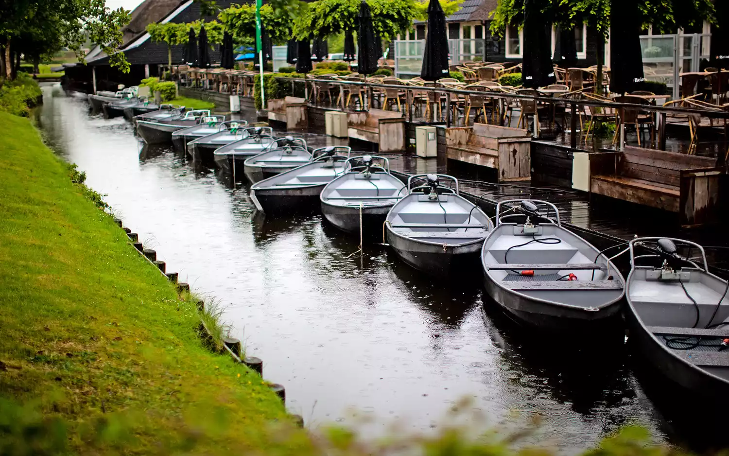 Thatch-roofed cottages and small wooden bridges along a canal in Giethoorn, Netherlands.