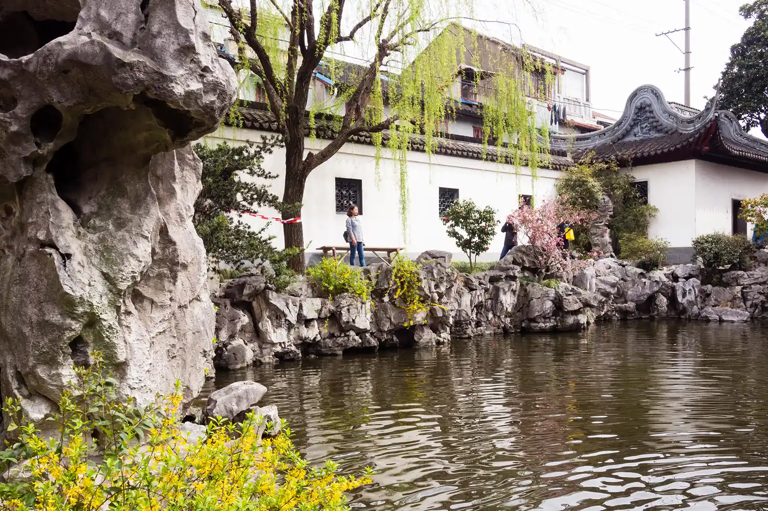 A serene garden with a pond traditional architecture and people walking along a rocky pathway