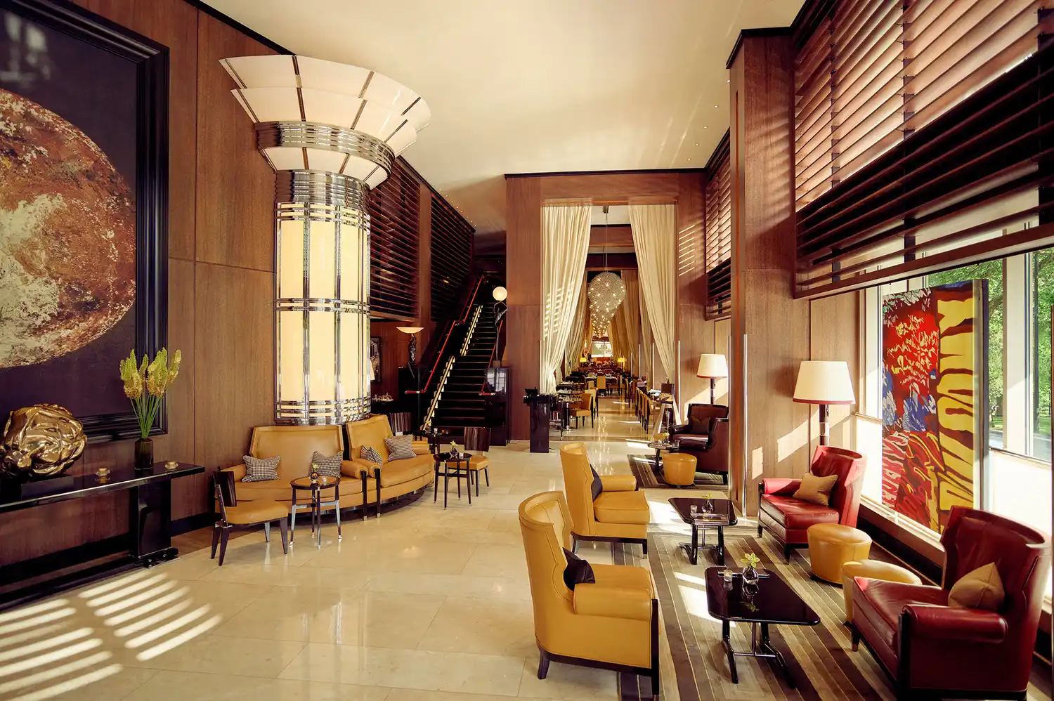 The warm and elegant lobby and lounge area at 45 Park Lane