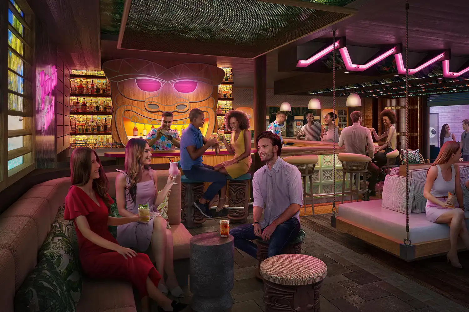 Interior of a modern, themed cruise ship bar with tropical decor and people socializing.
