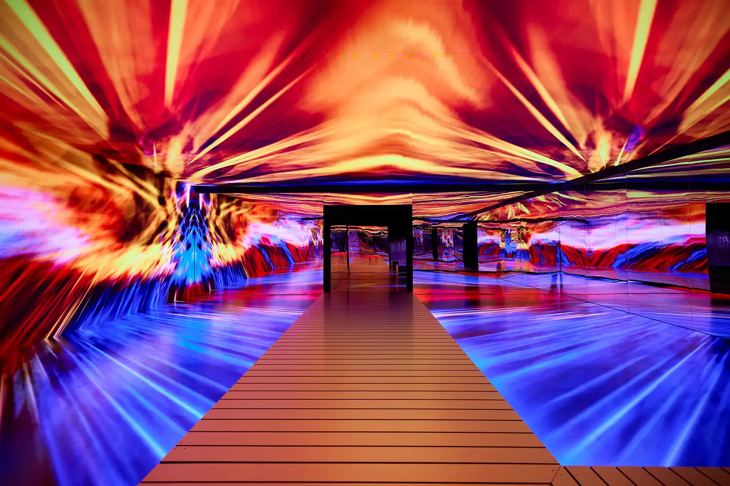 An expansive digital art room with a central pathway where multiple colors from the Obangsaek spectrum converge.