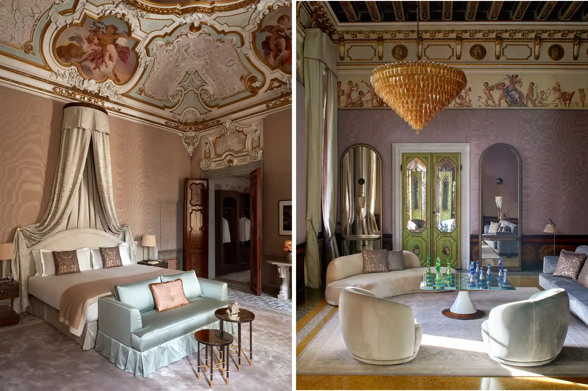 Ornate luxury hotel suite featuring a king-sized bed and detailed ceiling frescoes.