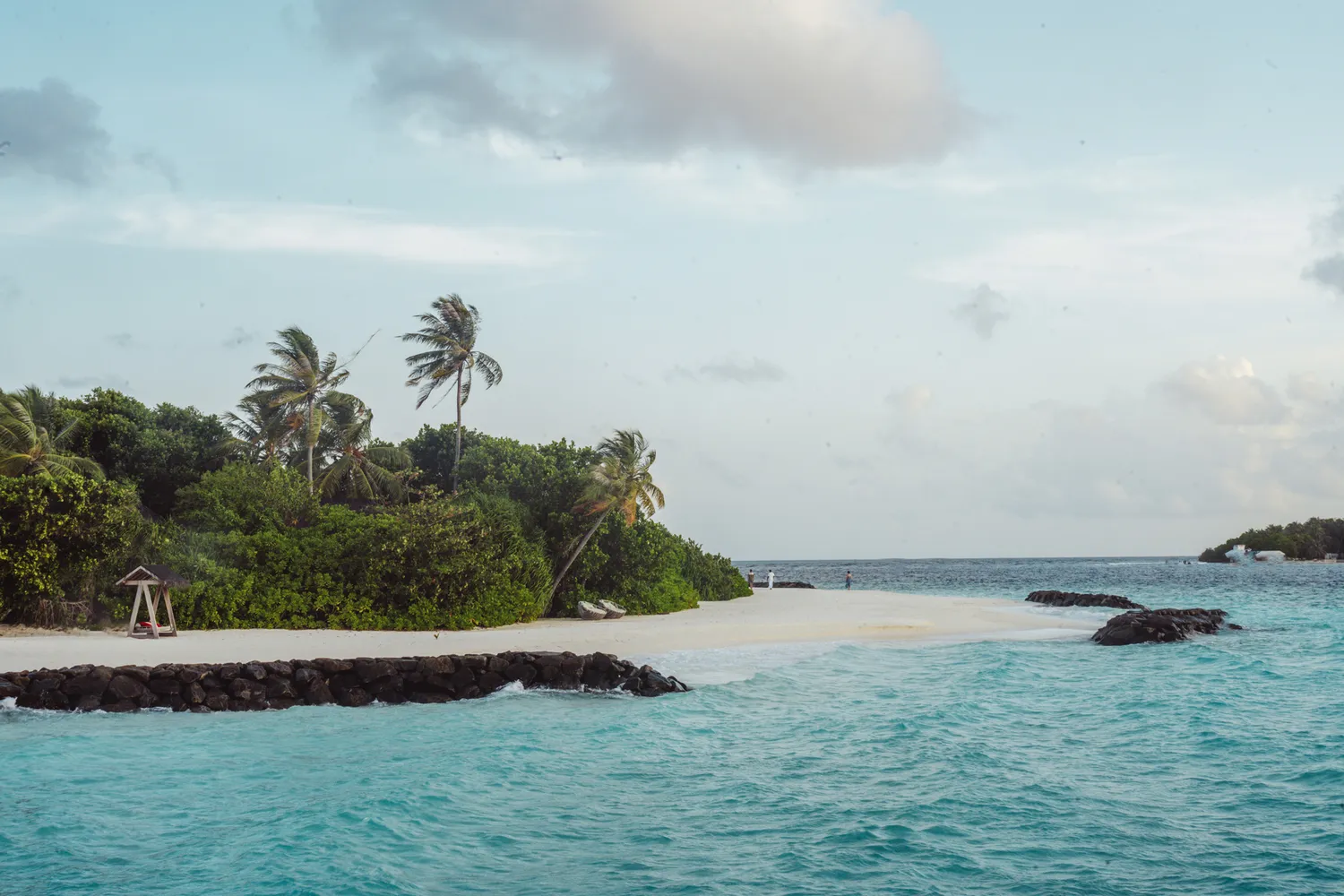 A pristine white-sand beach with clear turquoise water and palm trees in the Maldives.