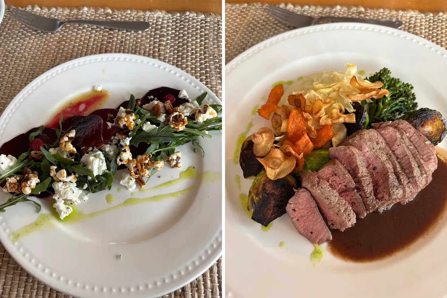 Two elegantly plated dishes featuring fresh salad and sliced meat served in a rustic indoor setting.