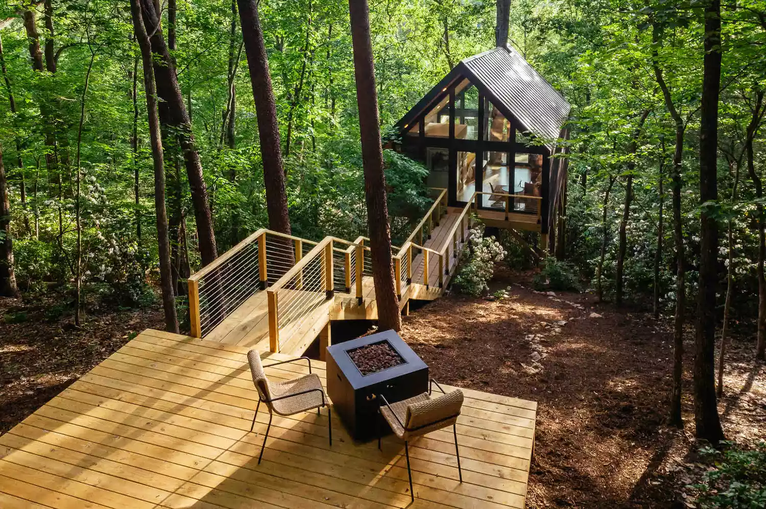 Outdoor fire pit area at the Forestry House under the forest canopy.
