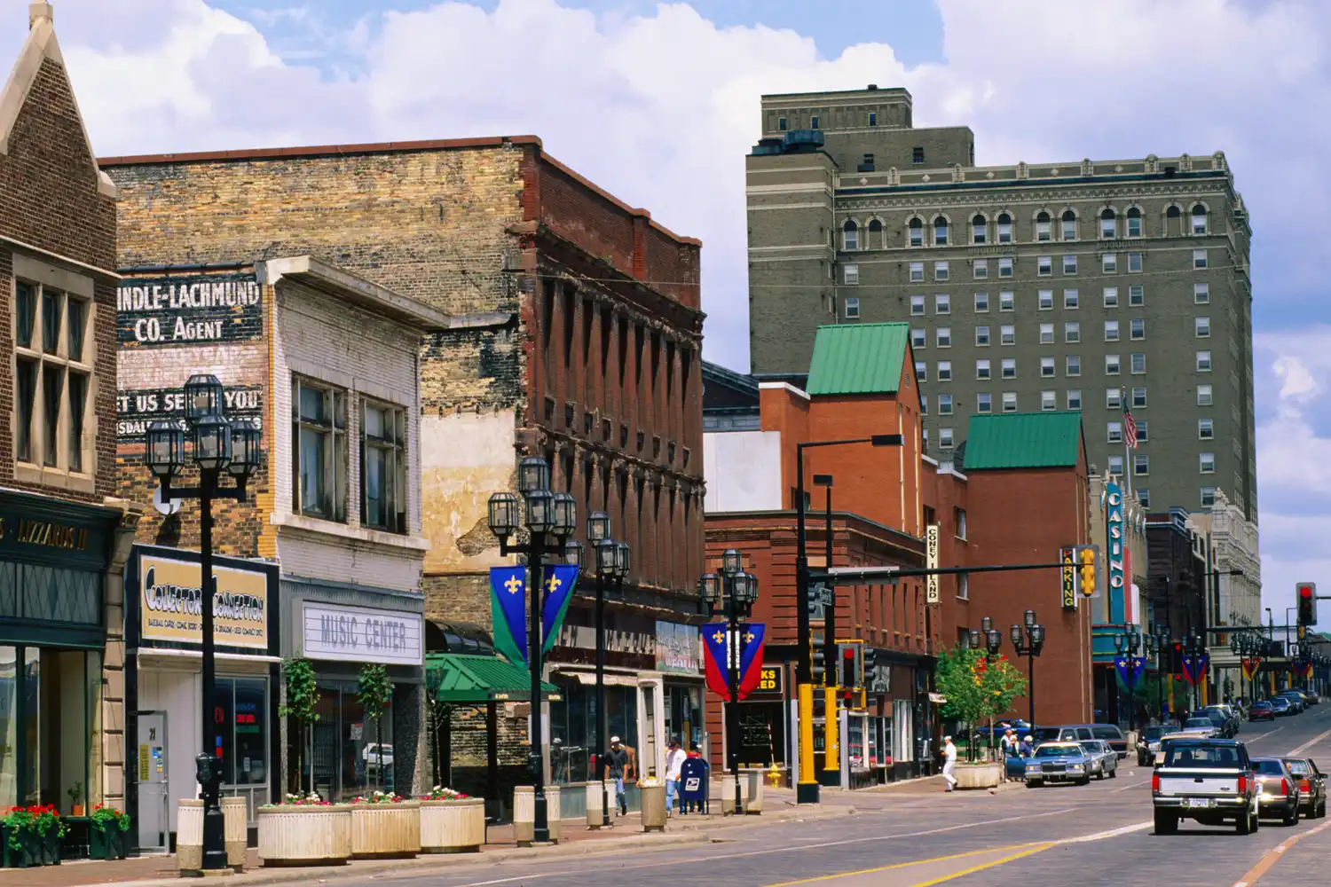 Historic buildings and street scene in downtown Duluth, Minnesota.