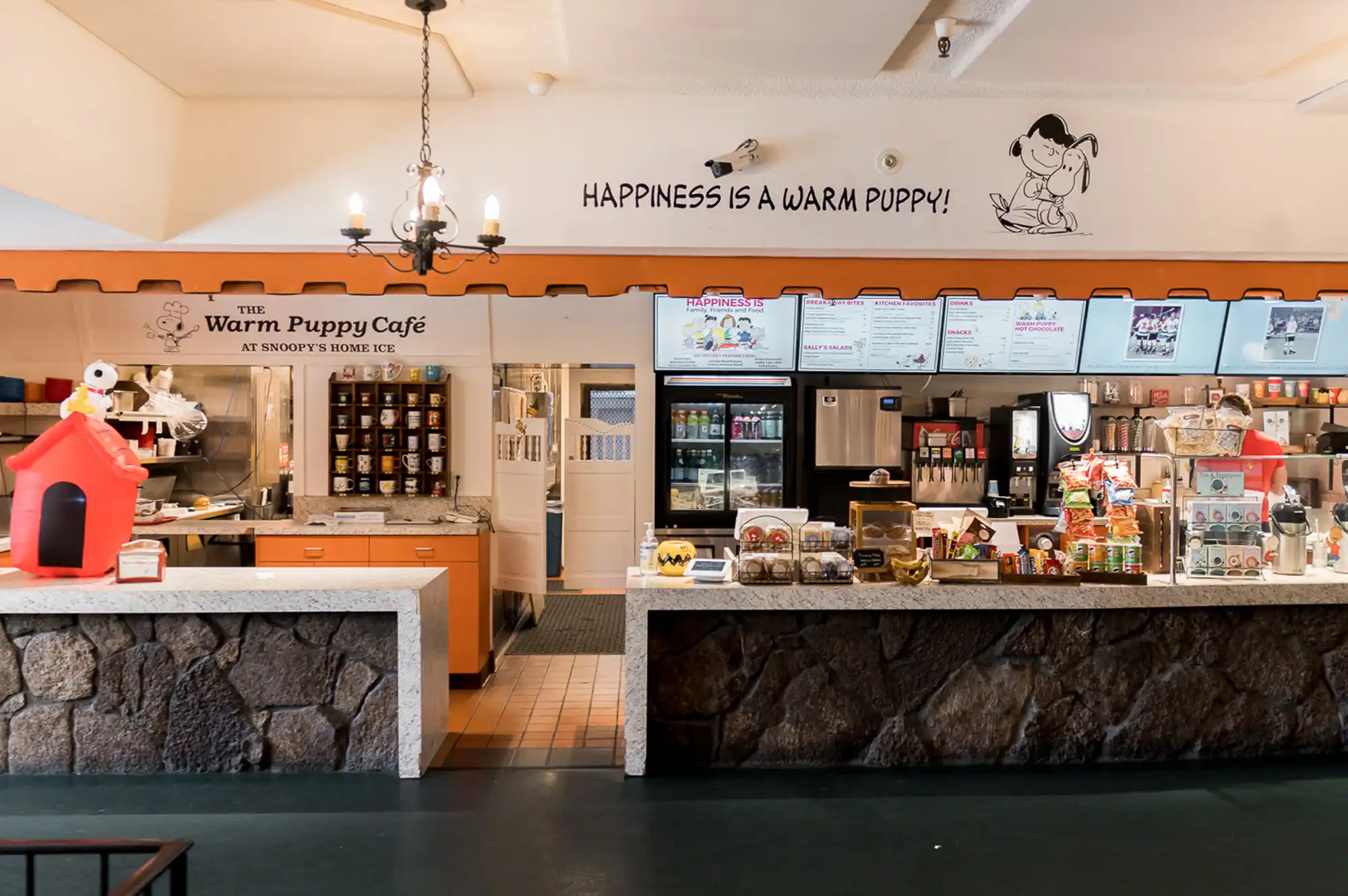 Interior view of the Snoopy-themed Warm Puppy Cafe in Santa Rosa.