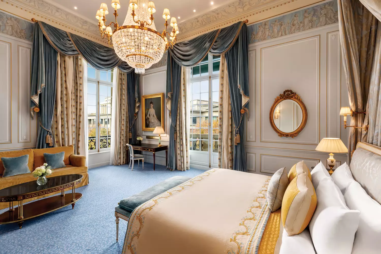 Panoramic view of the Eiffel Tower from a guest room window at Shangri-La Paris.