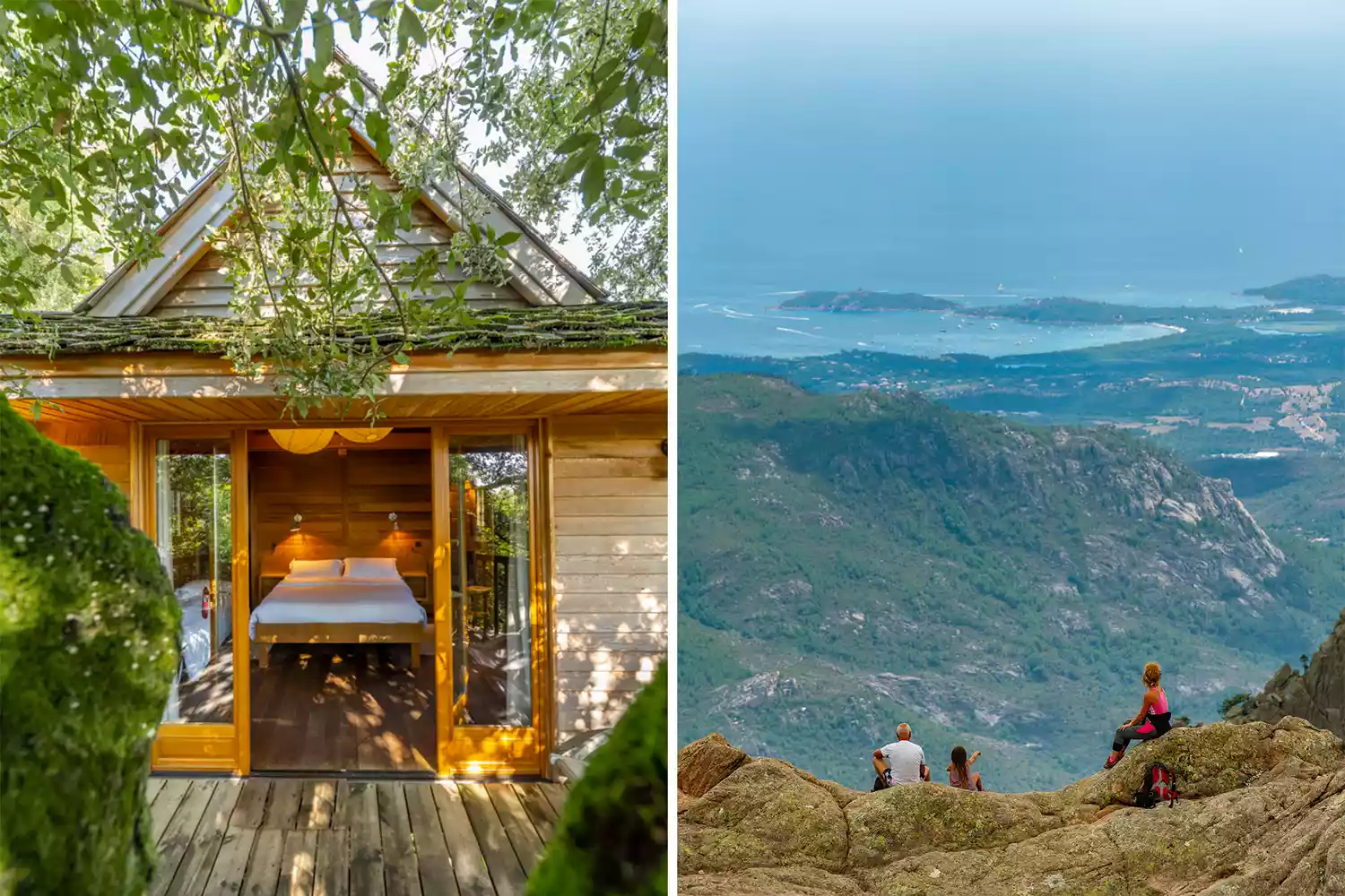A collage showing a rustic wooden tree hut suite alongside hikers trekking through the jagged granite peaks of Alta Rocca.