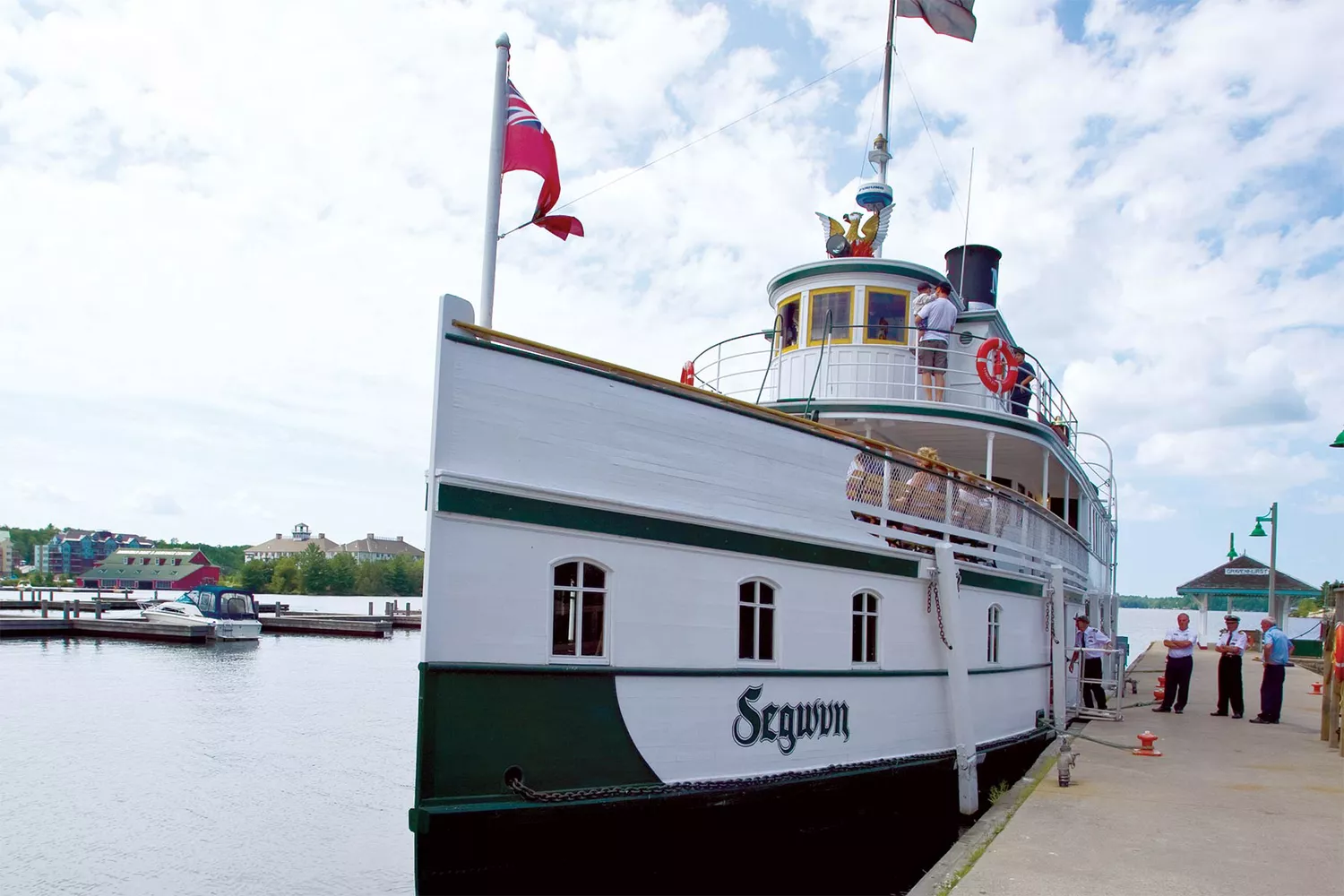 Close-up of the wooden bow of the historic RMS Segwun steamship at the Muskoka Wharf.