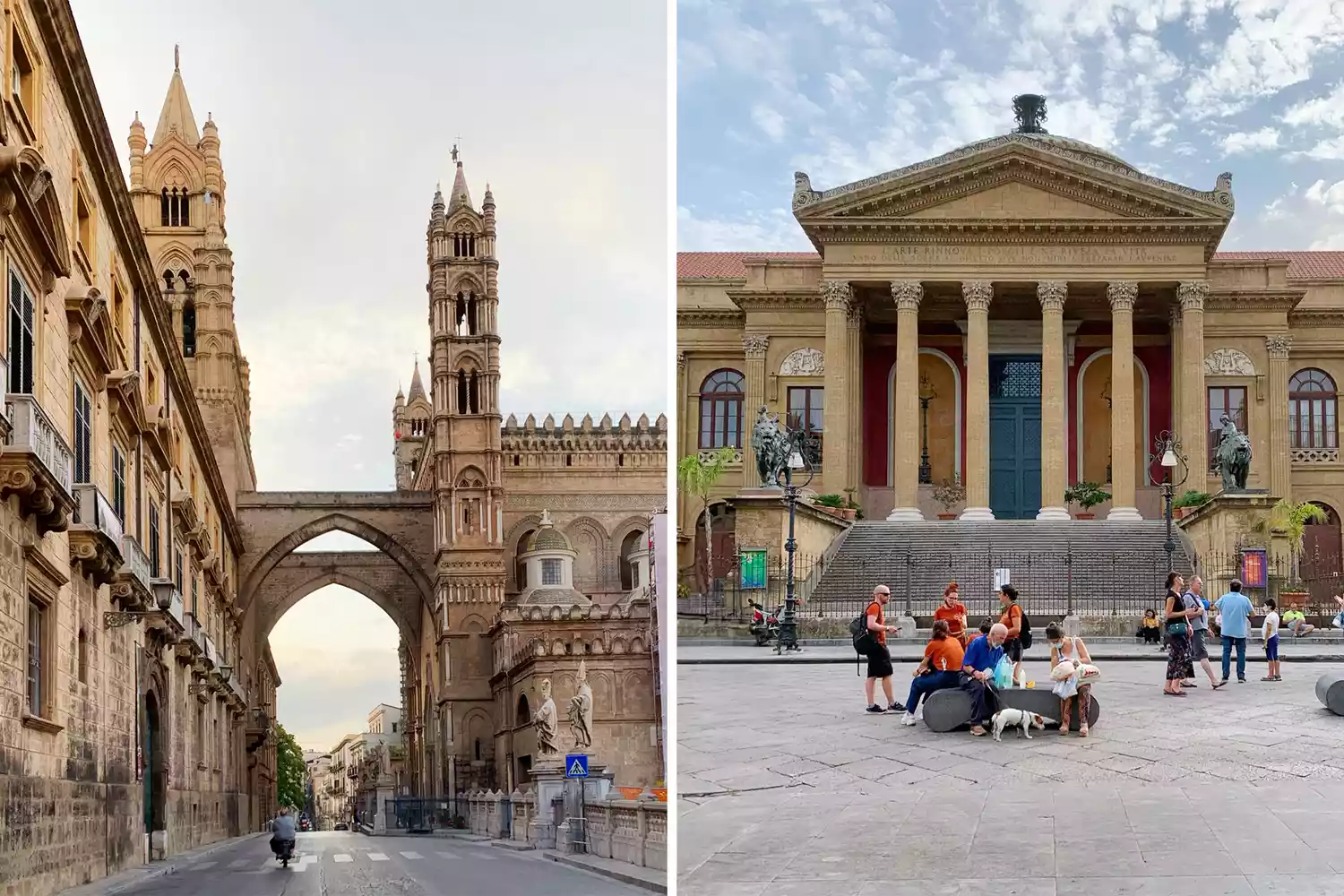 Exterior view of the Palermo Cathedral and the Teatro Massimo historic buildings.