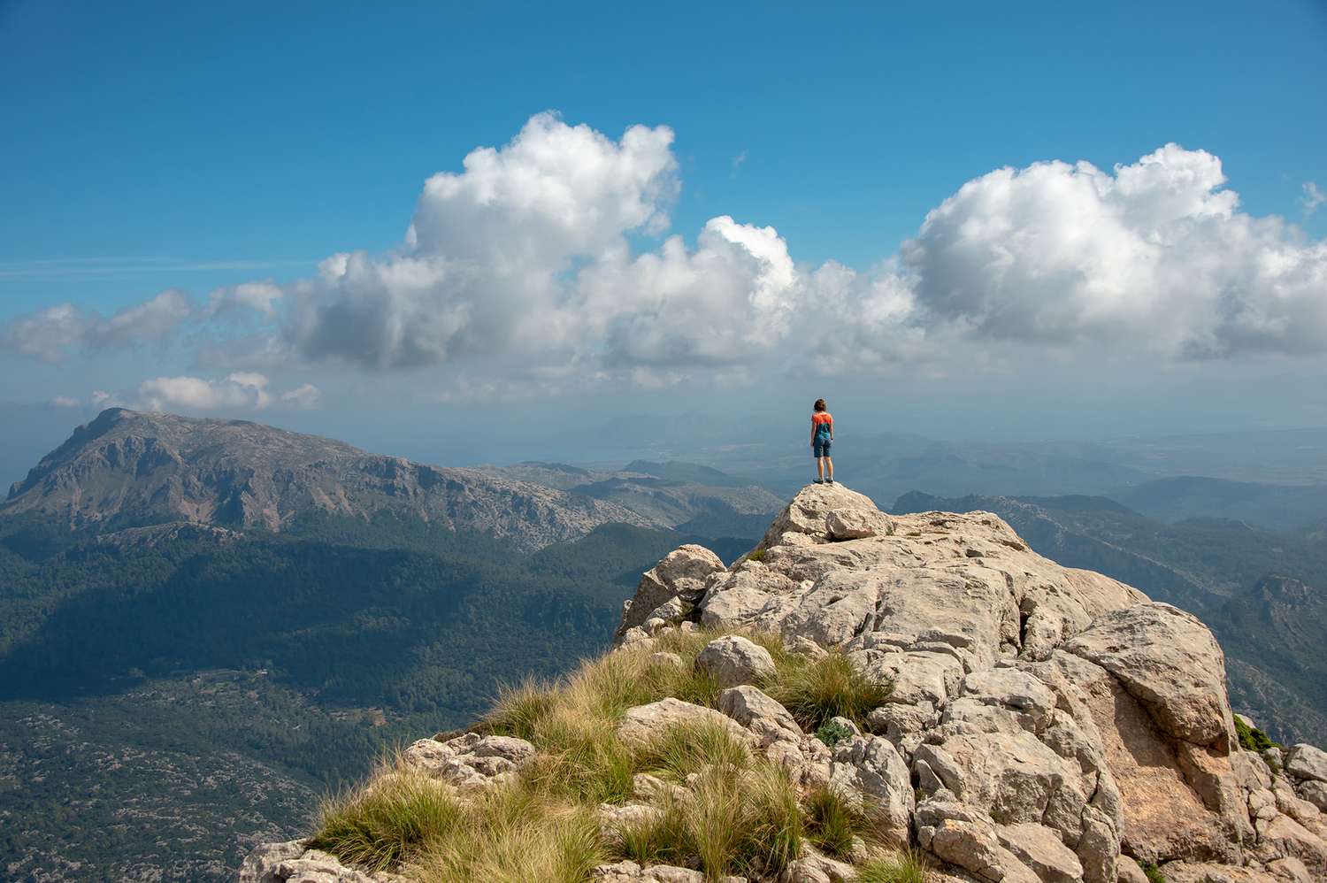 A well-defined stone-paved hiking path winding through the limestone peaks of the Sierra de Tramuntana.