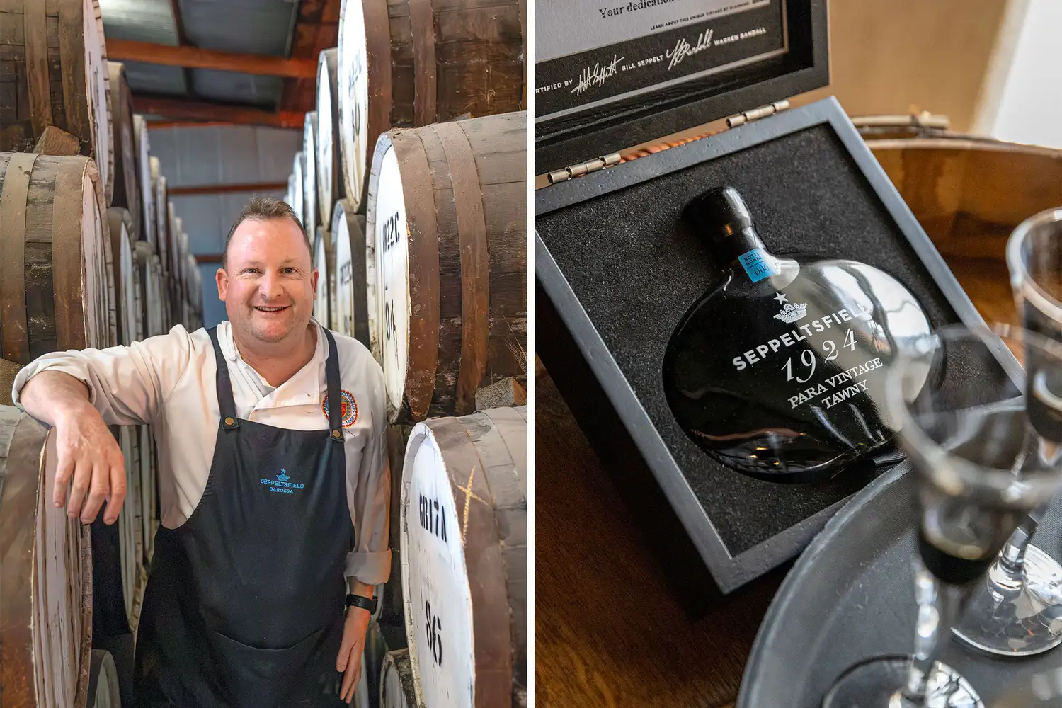 A chef stands beside historic barrels in a wine cellar at Seppeltsfield Estate.