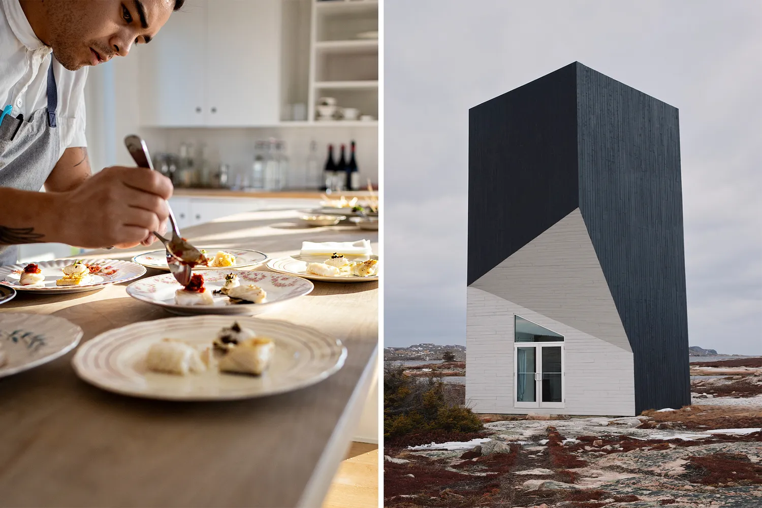 A diptych showing a chef plating locally sourced food and the tall, white Tower Studio structure.
