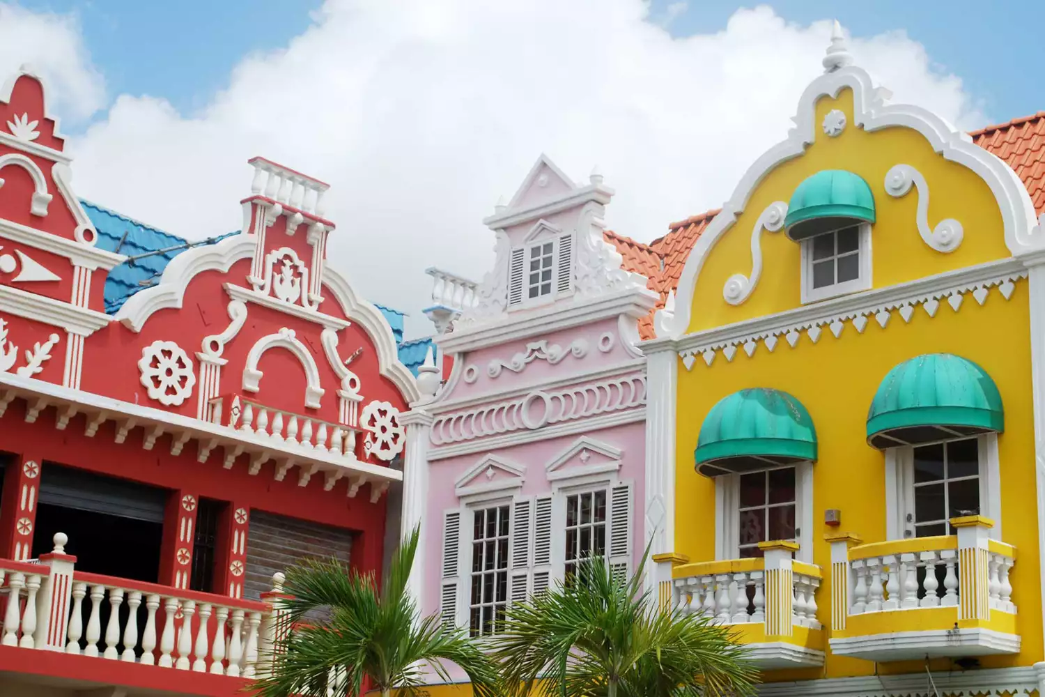 Vibrantly colored Dutch-style buildings in Oranjestad, Aruba.