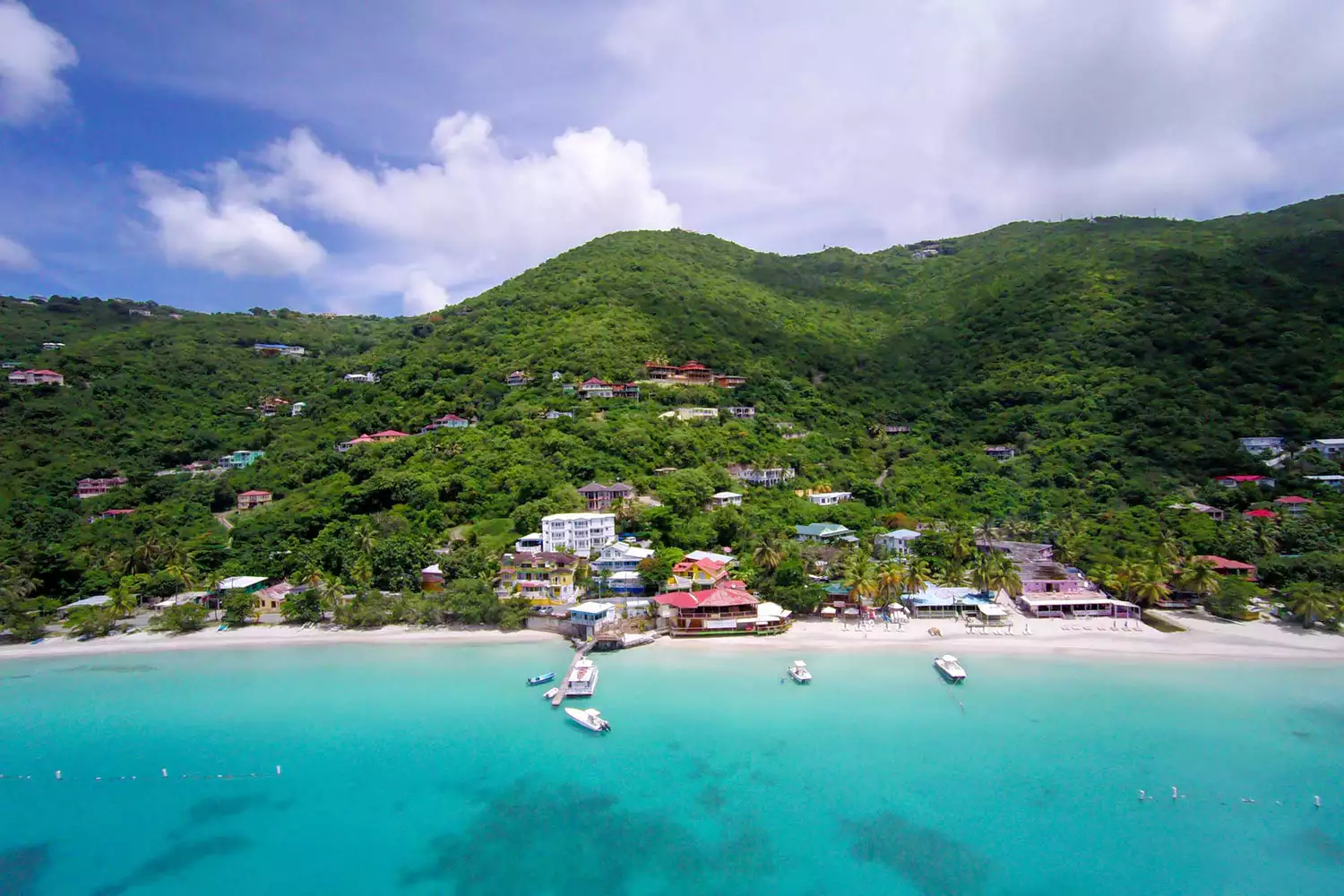 Aerial panoramic view of Cane Garden Bay in Tortola, British Virgin Islands.