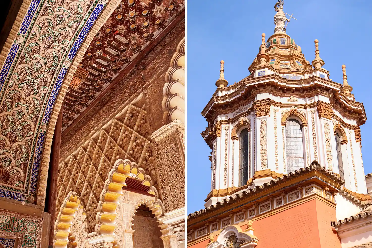 A side-by-side comparison of a colorful tiled archway and the brick exterior of a church dome.