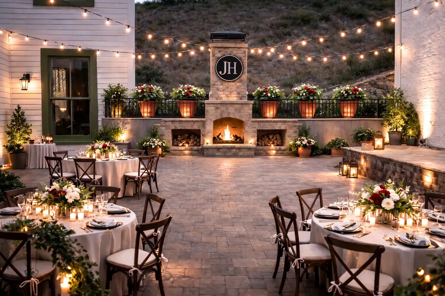 An elegant outdoor patio dining area at Jarrett House with white tablecloths and string lighting.
